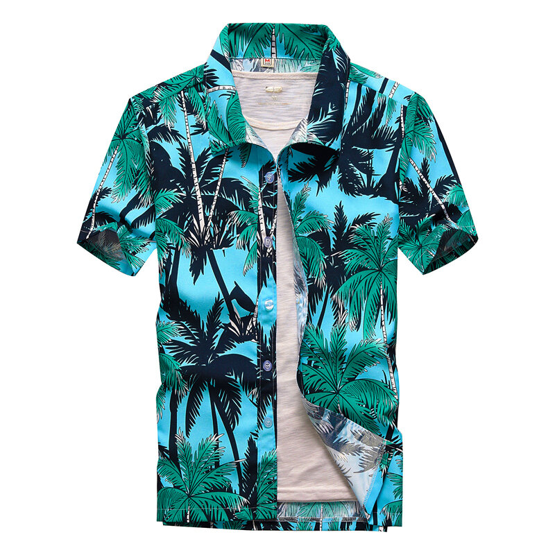 Letnie męskie hawajskie koszule kołnierzykowe na co dzień krótkie guzik na rękawie drzewo kokosowe nadruk na plaży kwiatowy wzór ubrania Vintage XS-5XL