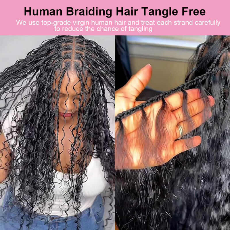 Linhua Curly Human Traiding Hair, Boho Knotless Tranças, Crochet Micro Bohemian Tranças, Double Drawn, Bulk Hair, 1B Natural Color