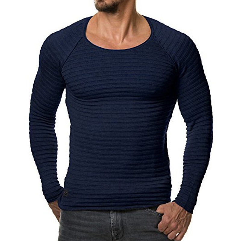 Męski dzianinowy Top pulower solidny kolor sweter T-Shirt klasyczny Casual O dekolt z długim rękawem Slim Fit czarny granatowa, zielona