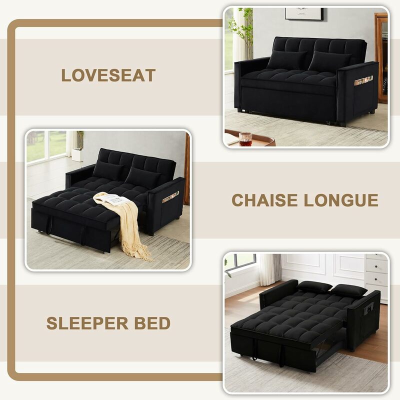3 in 1 Sleeper Loveseat Convertible, 55'' 2-Seater Velvet Sofa Bed with Throw Pillows, Perfect for Living Room and Office