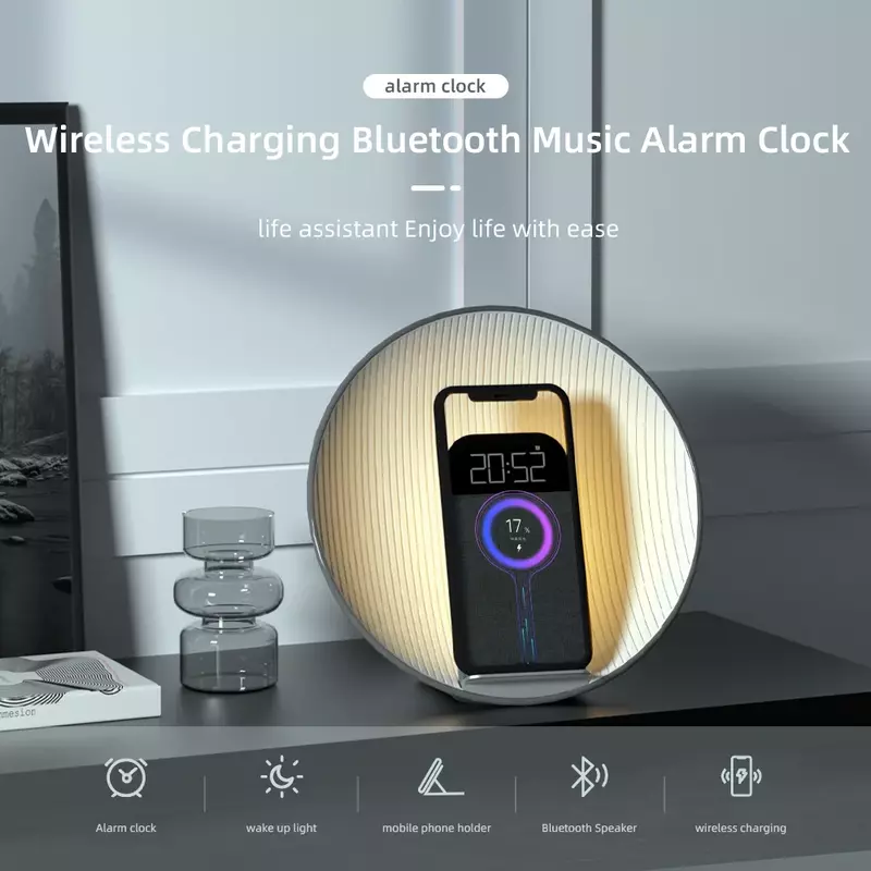 S05 Bedroom Night Light Bluetooth Speaker Surround Sound Quality Supports 15W Wireless Charging Digital Clock Displa Desk Lamp