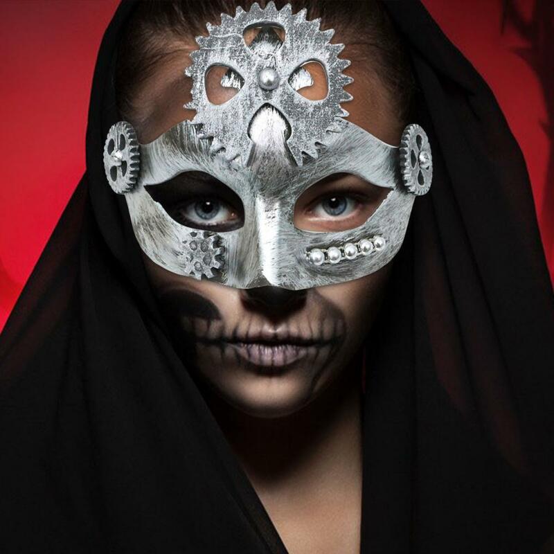 Máscara Steampunk banhada a prata para homens e mulheres, óculos retrô, equipamento cosplay, meia-face, polido, traje de Halloween