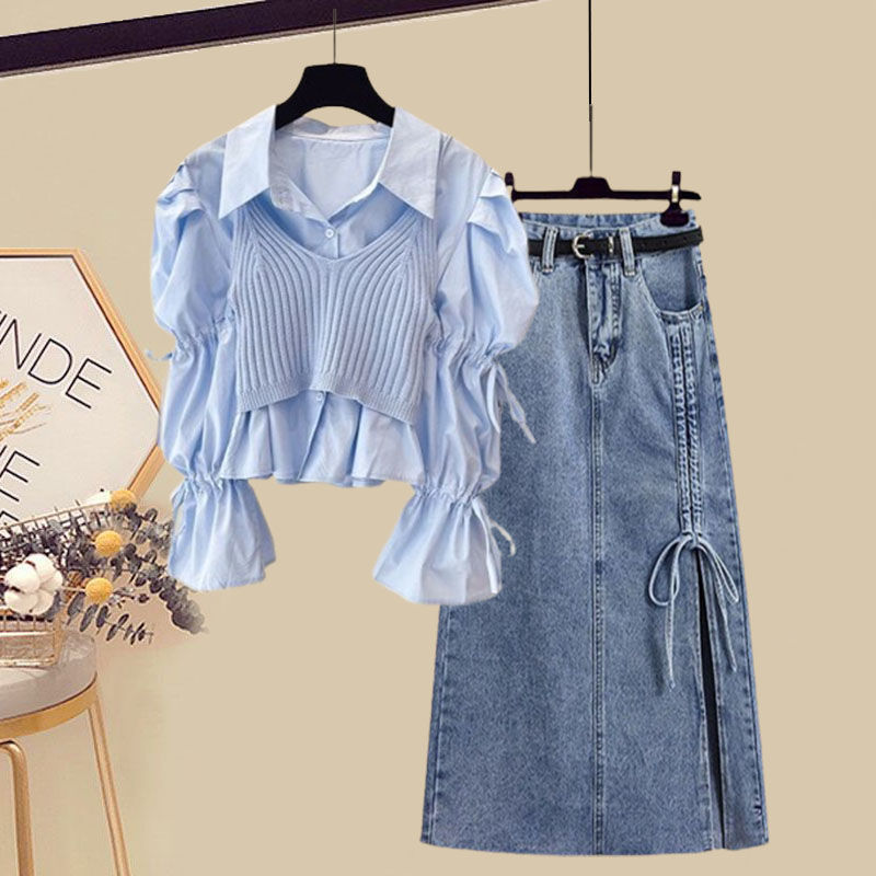 Женский джинсовый костюм-тройка, большой Комплект из трех предметов, рубашка на бретельках и Облегающая джинсовая юбка в Корейском стиле, весна-лето 2023