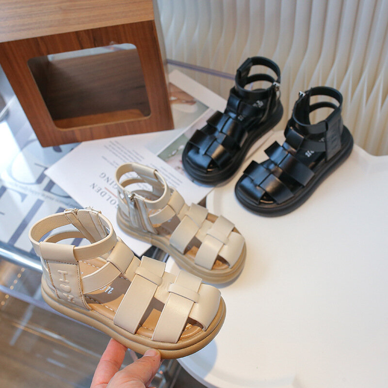 2024 Sommer neue Kinder sandalen für Mädchen Mode römisch gewebte hohe Schuhe weiche dicke Sohle atmungsaktiv außerhalb Strand Prinzessin Schuhe