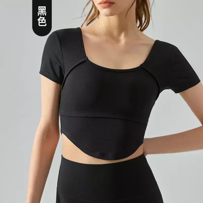 Spring and Summer Thin Yoga Short-sleeved Women With Chest Pads Breathable Beauty Back T-shirt Nude Slim Yoga Clothes Top.