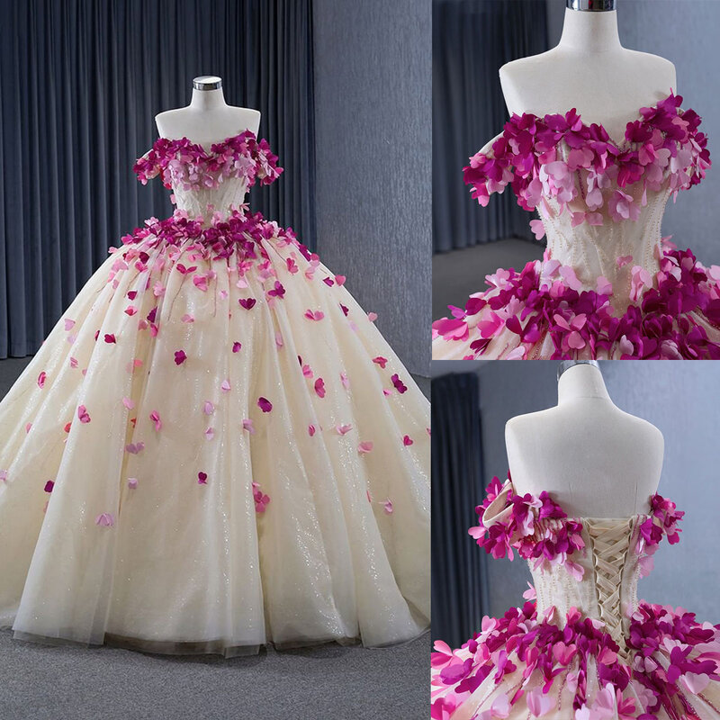 Elegant Quinceanera Dresses Sweetheart Neck Off Shoulder Ball Gowns 3D Appliques Sweep Train Dress For Party Custom Made