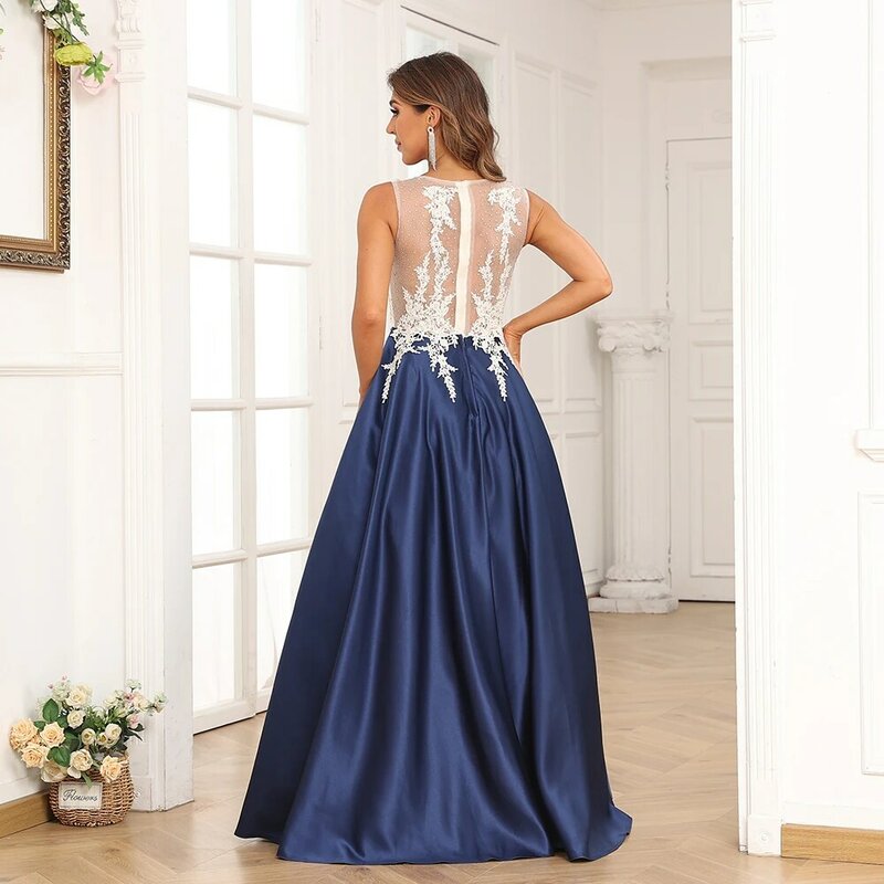 Gaun malam tanpa lengan biru dongker Vintage A Line 2023 gaun pesta pernikahan panjang Satin applique leher-o untuk wanita panjang selantai