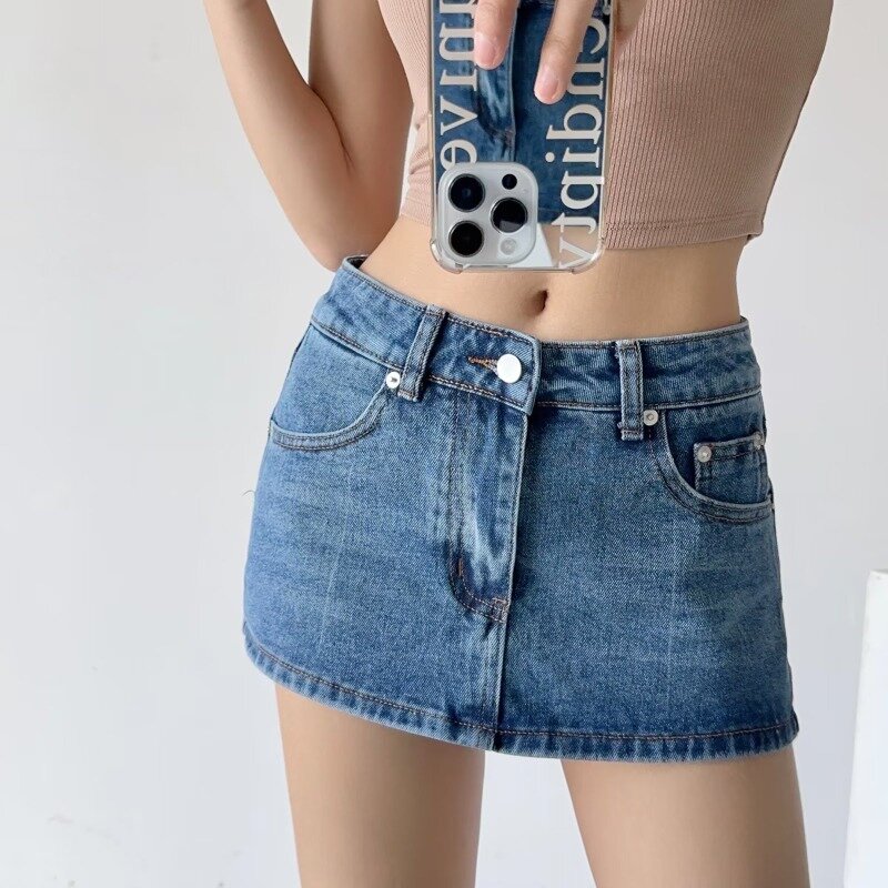 Denim Mini spódniczka dla kobiet HOUZHOU Y2k lato 2024 Sexy Vintage niska talia Slim mikro spódnica jeansowa koreański styl kort Streetwear