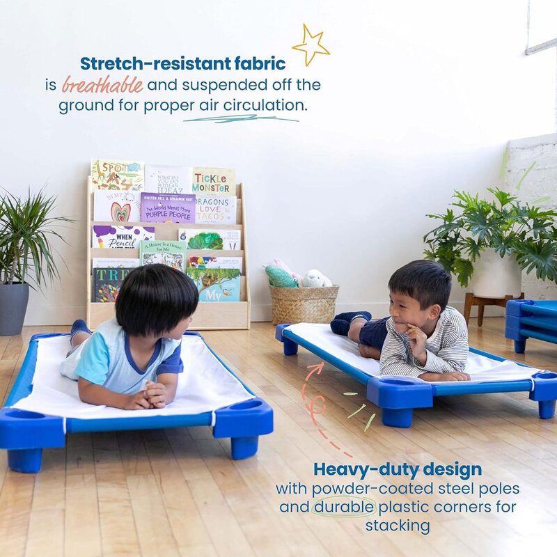 教室用の積み重ね可能なキッズディースコット、組み立て準備、標準サイズ、青い家具、6パック