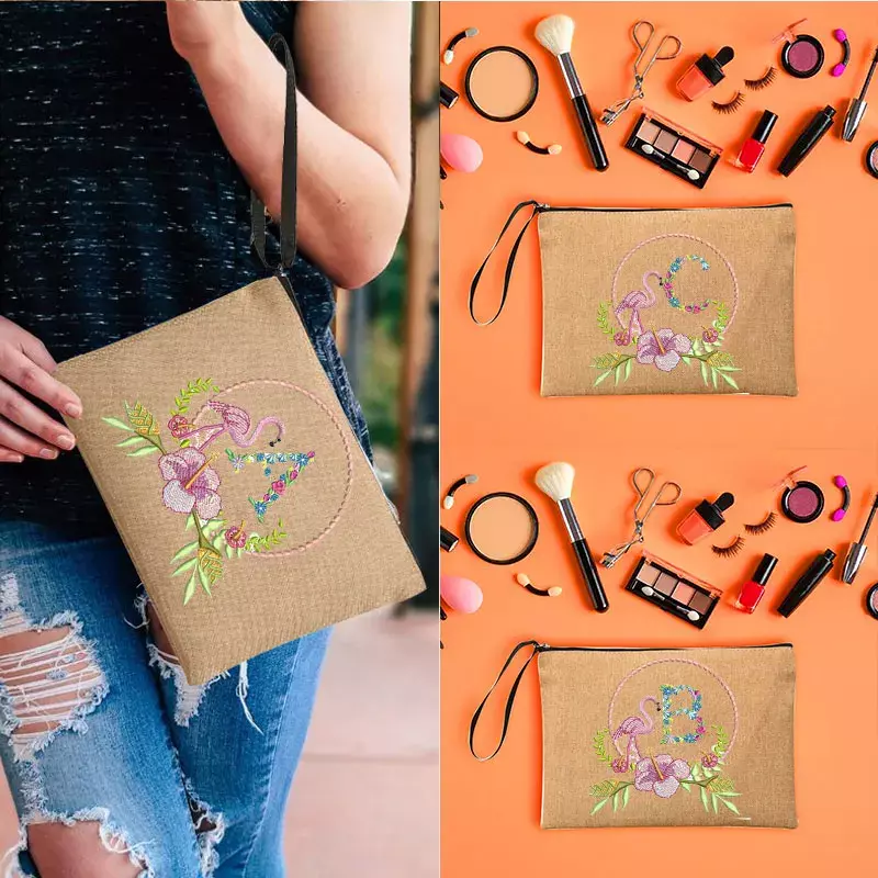 Kawaii Flamingo Flower Letter Cosmetic Bag Women Neceser Makeup Bag Linen Zipper Pouch Travel Toiletry Organizer Mujer Bolsa