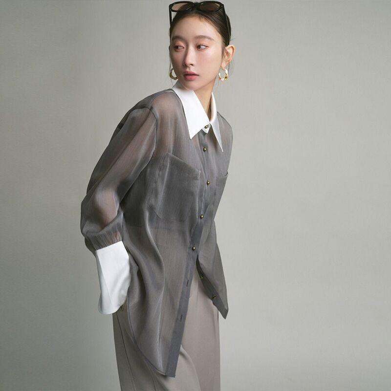 Miiiix-Blusa feminina perfumada, blusa retrô cinza, roupa feminina solta, moda francesa, nova, início de primavera, 2022