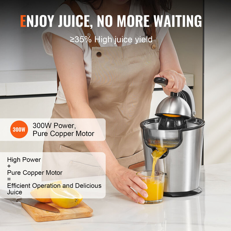 VEVOR pembuat jus jeruk elektrik, pembuat jus jeruk dengan dua ukuran kerucut jus 300W baja tahan karat