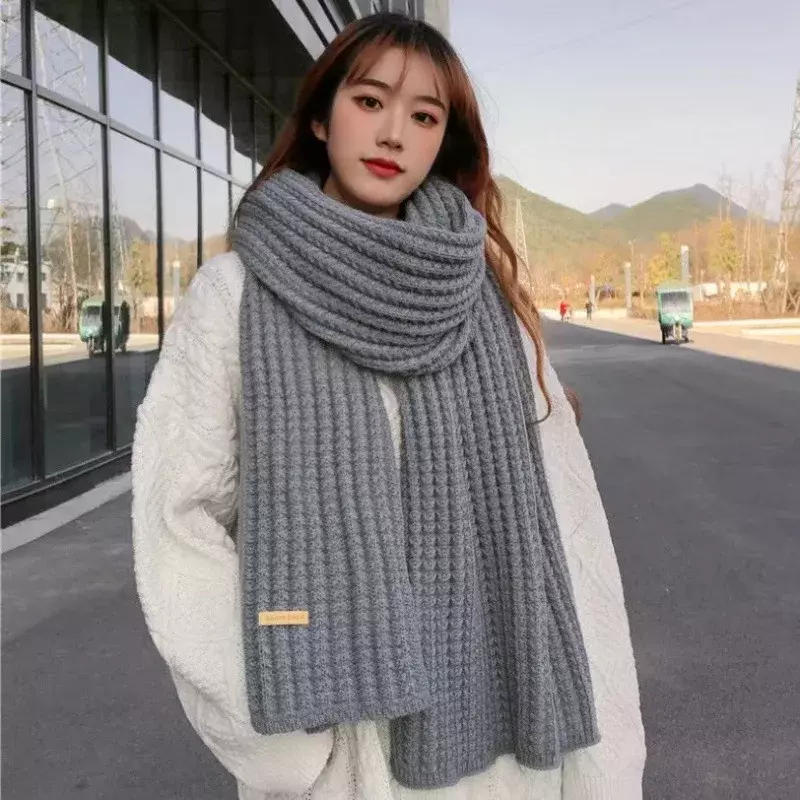 Зимний плотный теплый вязаный шарф для женщин и мужчин, однотонный корейский теплый длинный шарф большого размера, рождественские и новогодние подарки унисекс
