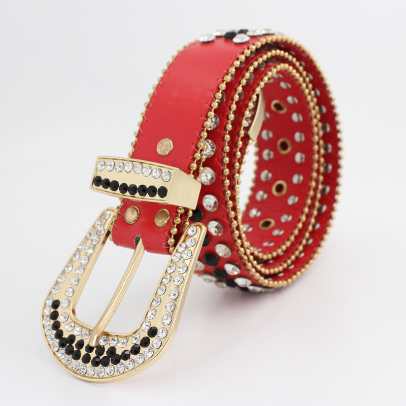 Vaqueros con incrustaciones de diamantes de imitación para mujer, moda roja ancha