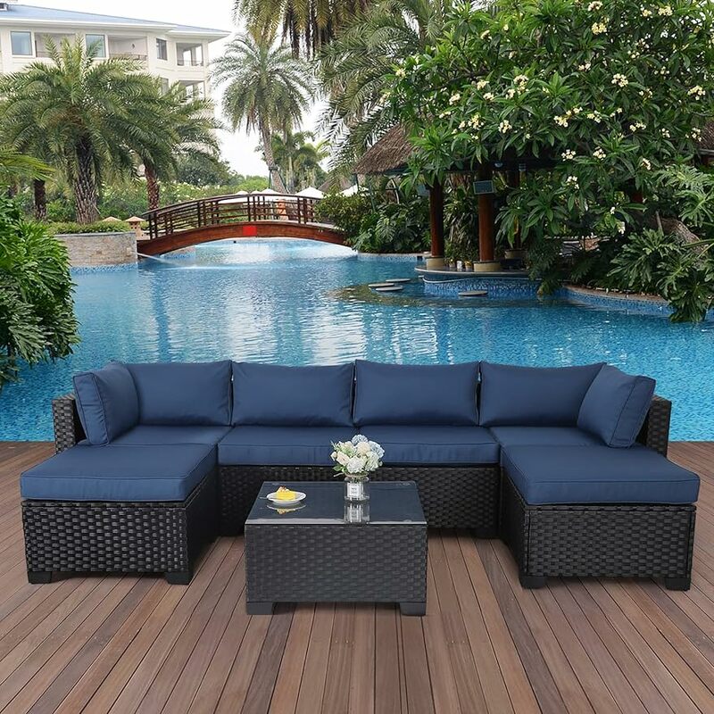 Outdoor PE Wicker Furniture Set Patio Rattan Sectional Conversation Sofa Set with Cushions and Glass Top Table/Fire Pit Table