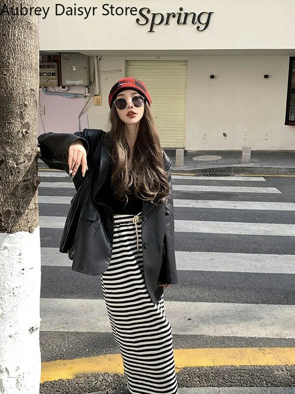 Koreanische schwarze Lederjacke Frauen Büro Dame Tasche Kunstleder Blazer Vintage lässig lose einreihige Winter warmen Mantel