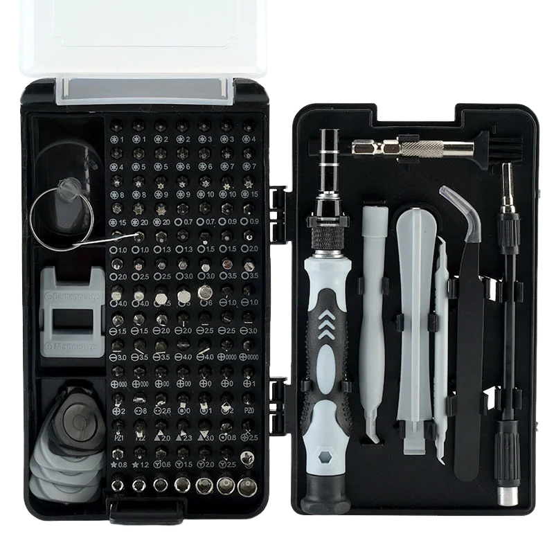 Set obeng magnetik presisi 116 dalam 1, Kit peralatan reparasi profesional kacamata PC IPhone warna hitam