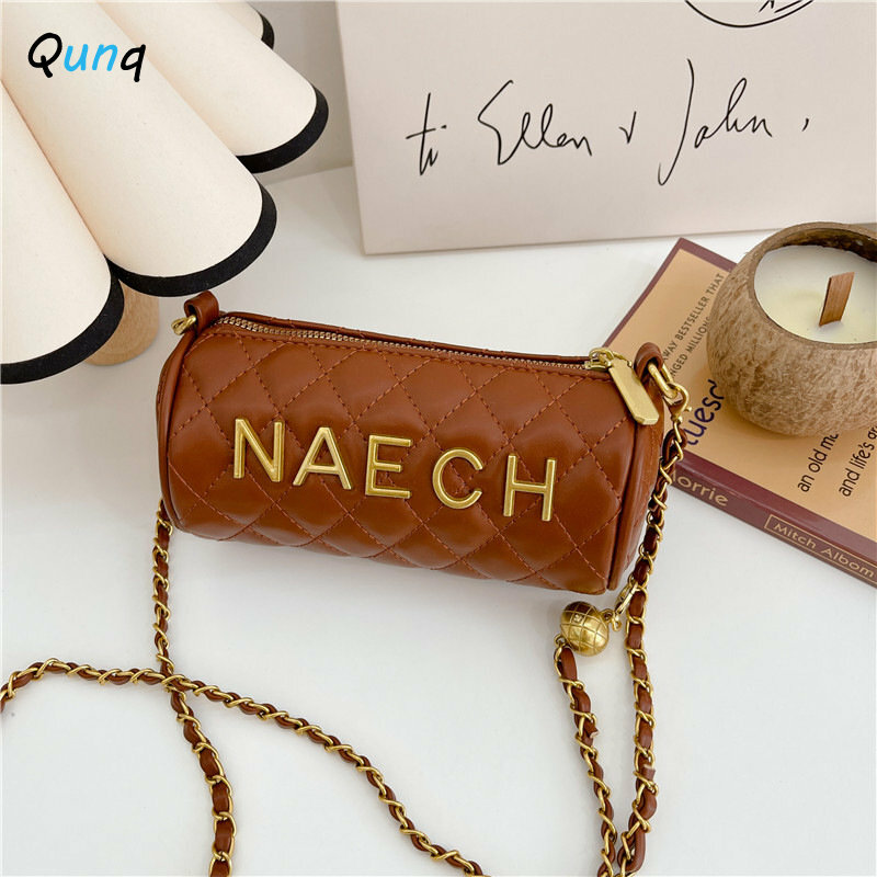 Qunq 2023 New Girls Fashion One Shoulder Crossbody Bag Alphabet  Rhombus Lattice Embroidery Lovely Line Cylinder bag Holiday Gif