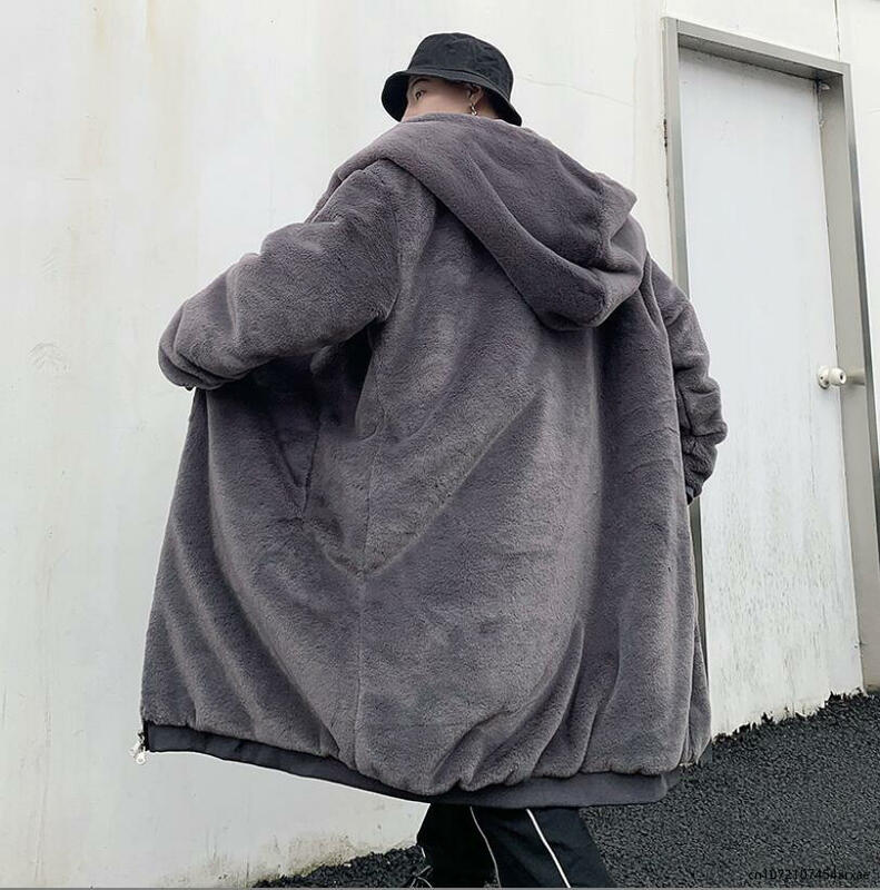 Мужская длинная куртка на молнии, черная теплая Толстая мягкая пушистая куртка из искусственного меха с капюшоном, Повседневная Свободная куртка большого размера в Корейском стиле, зима 2023