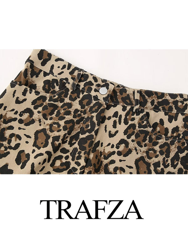 TRAFZA-Pantalon Court Imprimé Léopard pour Femme, Vêtement d'Extérieur Décontracté et Chic, Nouvelle Mode Été 2024