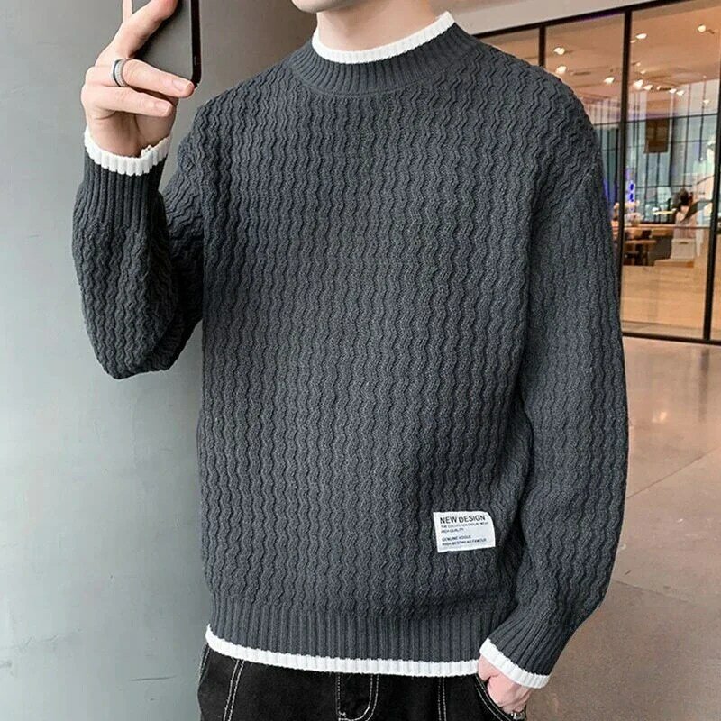 Malha meia gola alta masculina, suéter com padrão ondulado falso de duas peças, manga comprida casual, tamanho grande, outono, inverno