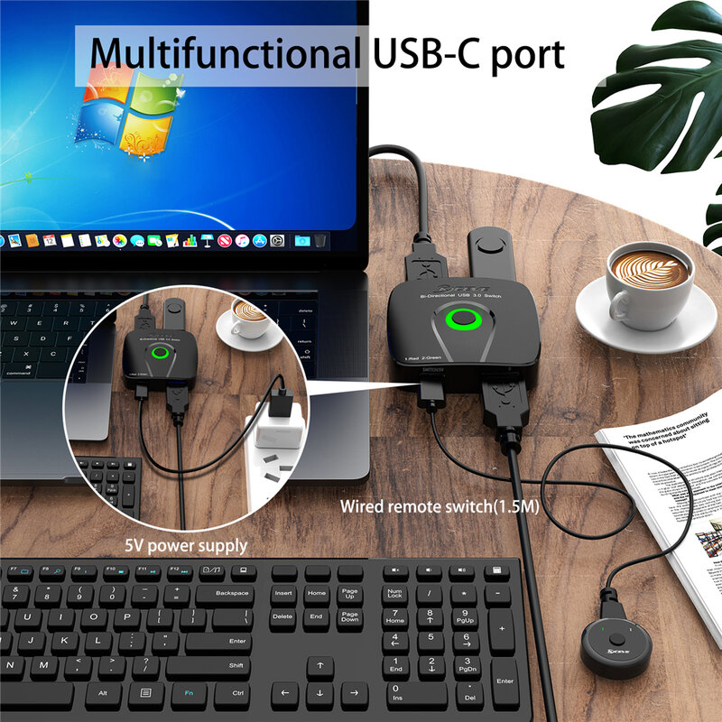 2 in 1 Out/1 in 2 Out Switcher for 2 Computers Sharing Printer Mouse Keyboard With Wired Remote Control 2 USB 3.0 Cables