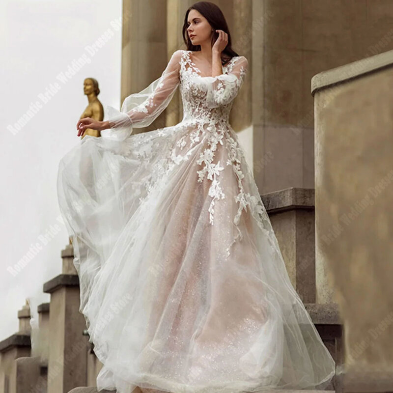 Długa, bez rękawów tiulowe damskie suknie ślubne popularne koronkowe naklejki księżniczka suknie ślubne jasne powierzchniowe Boho Vestidos De Novia 2024