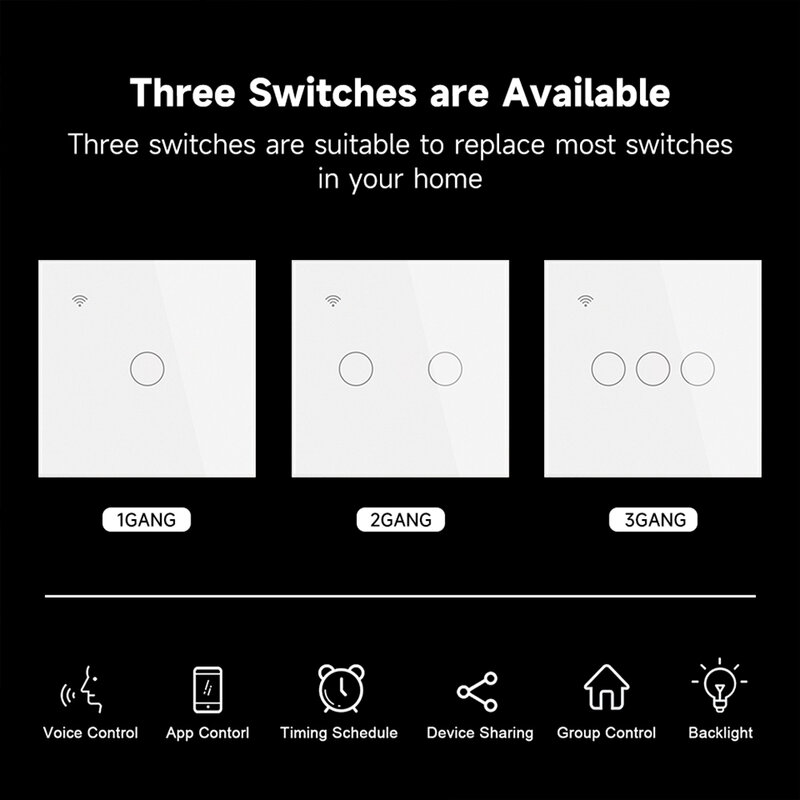 Tuya Smart Touch LED Light, WiFi, Zigbee, EU Switch, Télécommande sans fil, Aucun melon al, Fil requis, 1-3 Gang, Alexa, Google Home