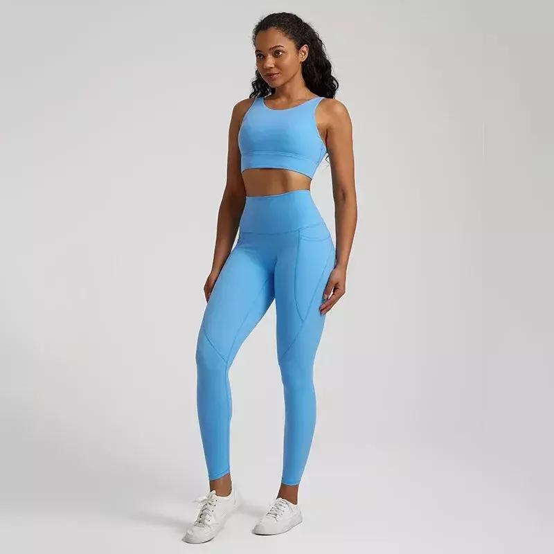 Zitrone Soft Gym Yoga Set Legging Sport Fitness Cross Gym BH Top 2PC Anzug umfassende Training Jog Pocket Frauen Sportswear