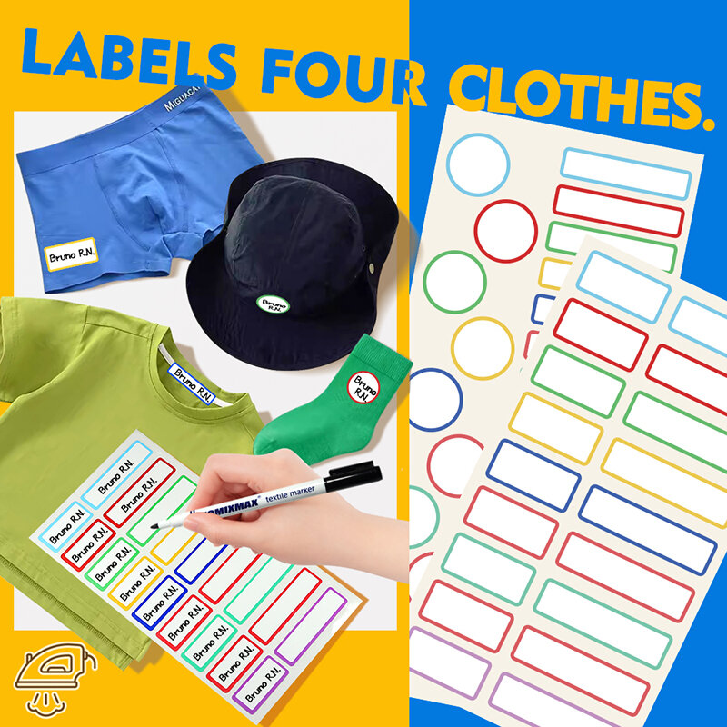 Writable Fabric Clothing Labels for School Nursery Colorful Customizable Washable Iron-on for Kids Newborns Adults Diverse Sizes
