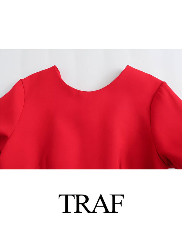 TRAF-Combinaisons monochromes décontractées pour femmes, barboteuses vintage High Street, manches courtes, col rond rouge, nœud évidé dans le dos, mode féminine, été