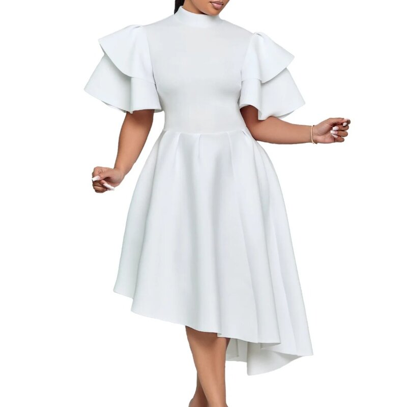 Vestido blanco elegante de cintura alta para mujer, ropa de verano, Color sólido, cuello de manga de loto, irregular, moda