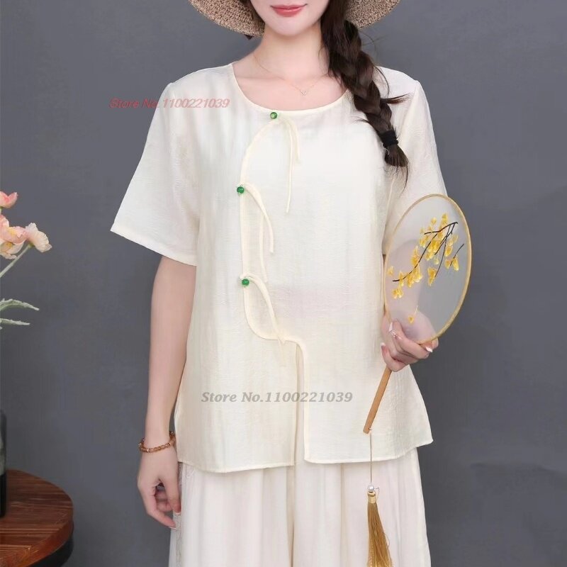 Hanfu Atasan Wanita 2024 blus longgar etnis tradisional atasan hanfu blus longgar gaya rakyat retro pakaian jalanan
