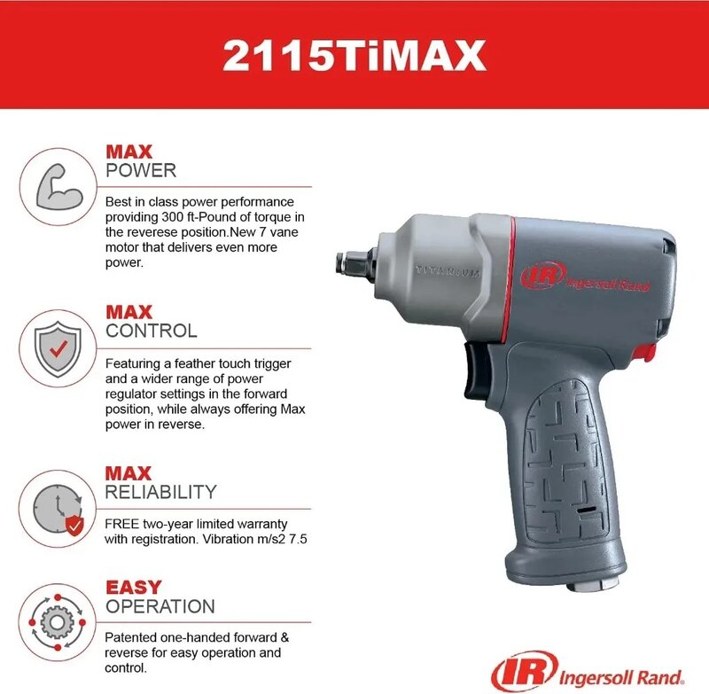 Ingersoll Rand 2115TiMAX 3/8” Drive Air Impact Wrench –Powerful Reverse Torque Output Up to 1,350 ft/bs, 7 Vane Motor