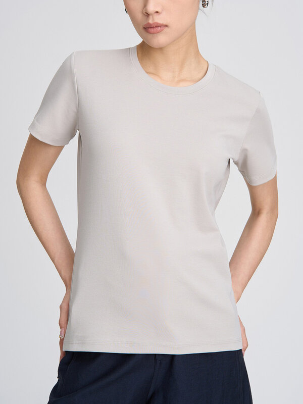 PIMA-Camiseta feminina de gola redonda de algodão, ajuste clássico, manga curta, tops lisos, camisetas básicas