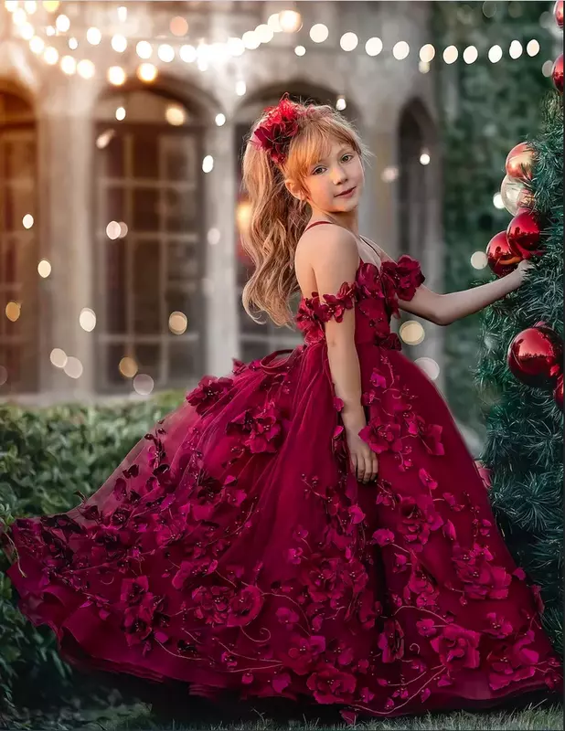 Luksusowa bordowa sukienki dla dziewczynek kwiatowa długie kwiaty 3D perły urodzinowe z odkrytymi ramionami przyjęcie sukienka tiul konkurs dla dzieci bożonarodzeniowe suknie