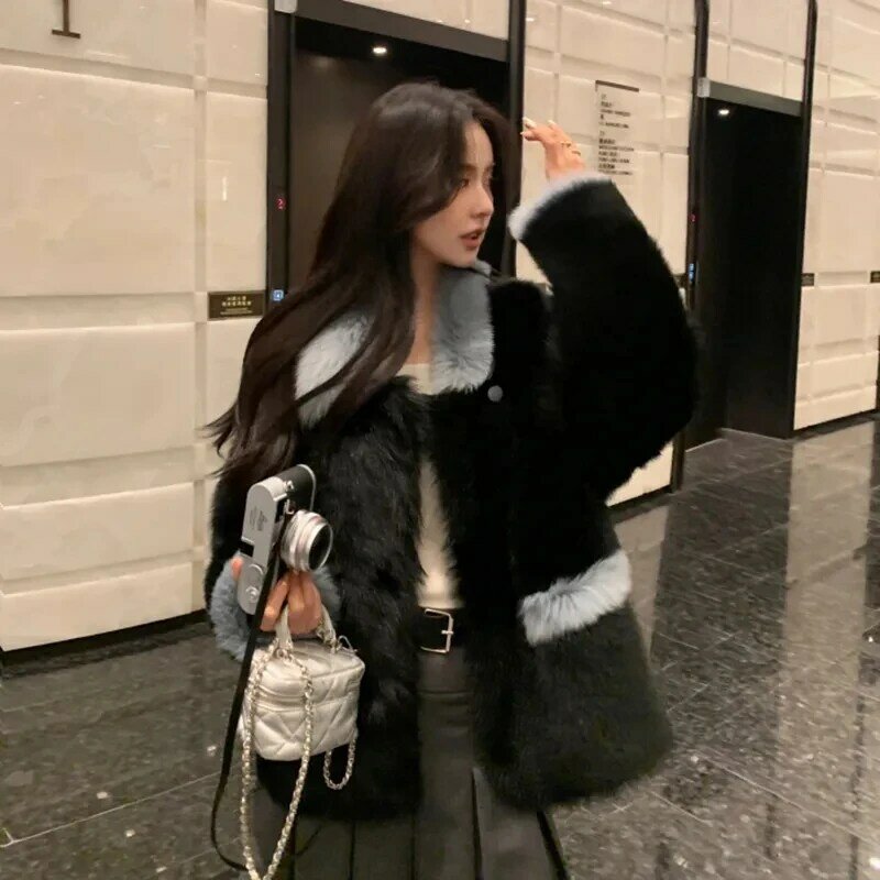 Winterjas Voor Dames 2023 Nieuwe Witte Zwarte Stiksels V-Hals Lamswwolbontjassen Dames Koreaanse Mode Luxe Warm Kort Jasje