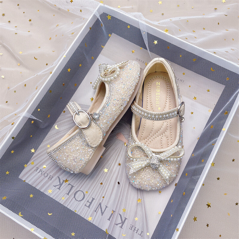Scarpe di cristallo per ragazze scarpe in pelle per bambini con fiocco da prestazione 2023 della scuola primaria scarpe singole per bambina in cristallo