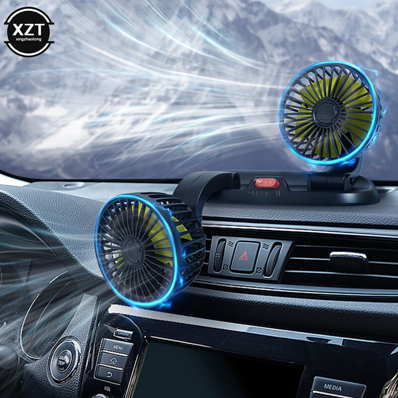 360 ° 조정 가능한 듀얼 헤드 냉각 공기 팬, 브러시리스 모터, 저소음 자동차 팬, 차량용 마이크로 USB