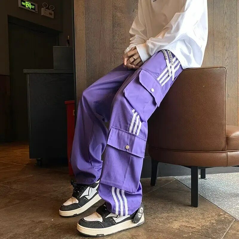 2024 New Autumn Hong Kong-style Striped Cargo Pants for Men, Fashionable Striped Straight Pants with Multiple Pockets