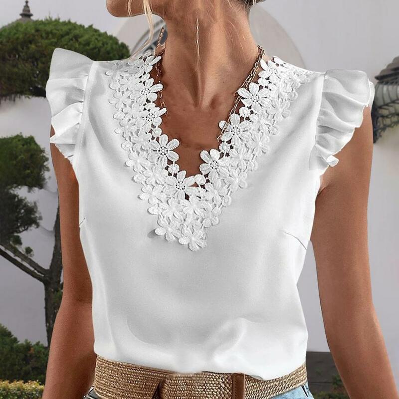 Solid Color Pullover Tops Women Tee Top Elegant Lace Flower Splicing V-neck Women's Summer Shirt with Ruffled for Streetwear