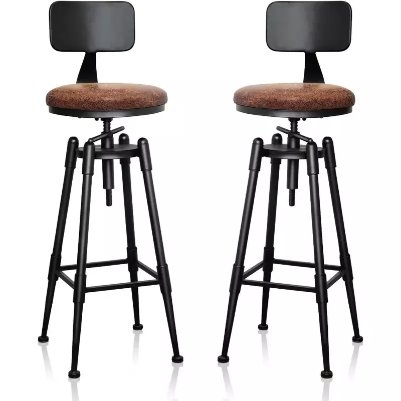 Stołki barowe zestaw 2 regulowanych barów Vintage Stoolses okrągłe skórzane stołki metalowe z tyłkami, krzesło barowe