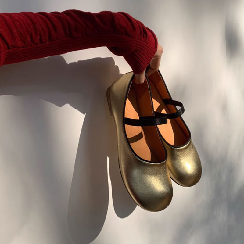 حذاء باليه من الجلد الناعم للنساء ، حذاء ماري جين الذهبي ، مصمم أزياء
