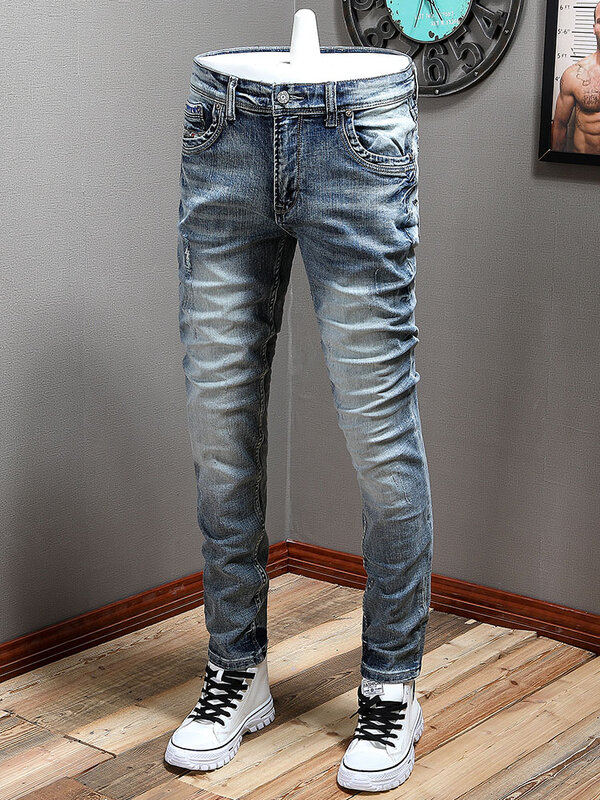 Nowo projektant mody męskie jeansy niebieskie w stylu Retro elastyczne rozciągliwe dopasowanie Fit drukowane porwane jeansy męskie Vintage casualowe spodnie jeansowe Hombre