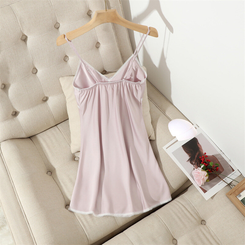 Sexy Backless Lace Mini Nightgown Nightgown Sleepwear Intimate Lingerie Loose Satin Home Wear Summer Female Spaghetti Strap