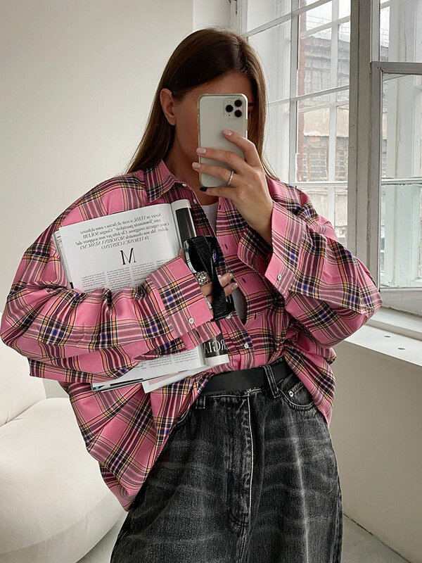 Mnealways18 Pink Plaid Shirts And Tops Women Street Wear Gingham Casual Long Sleeve Top Single-Breasted Oversize Shirt Ladies