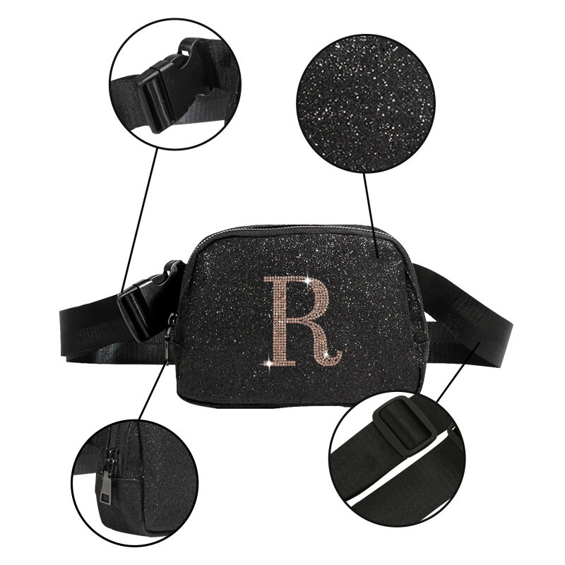 주얼리 R 디자인 메쉬 내부 포켓 반짝이 원단 웨이스트백, 숄더백, 지퍼 잠금, 뒷면 히든 백, 대용량