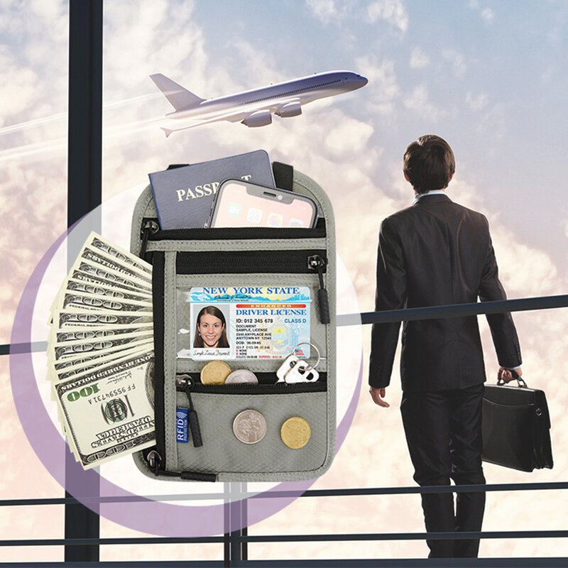 여권 가방 다기능 걸이식 목 메신저 어깨 보관, 해외 티켓 문서 보호 커버, 23.5x15cm