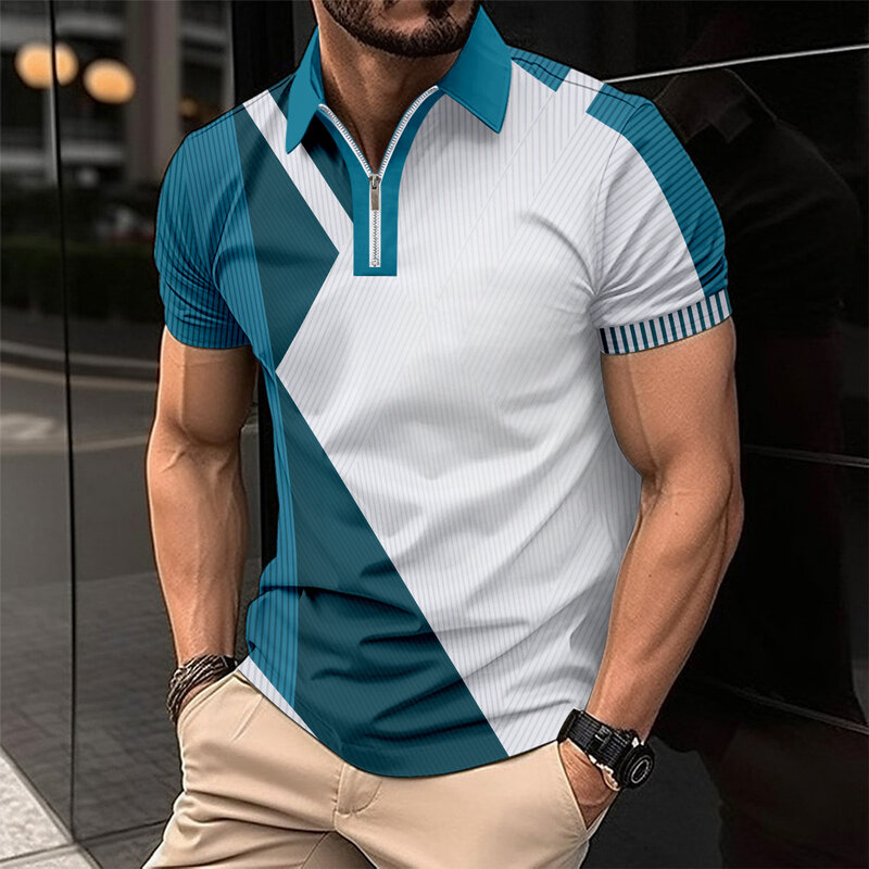 Camiseta de manga corta con cremallera para hombre, Polo con solapa, de alta calidad, novedad de verano