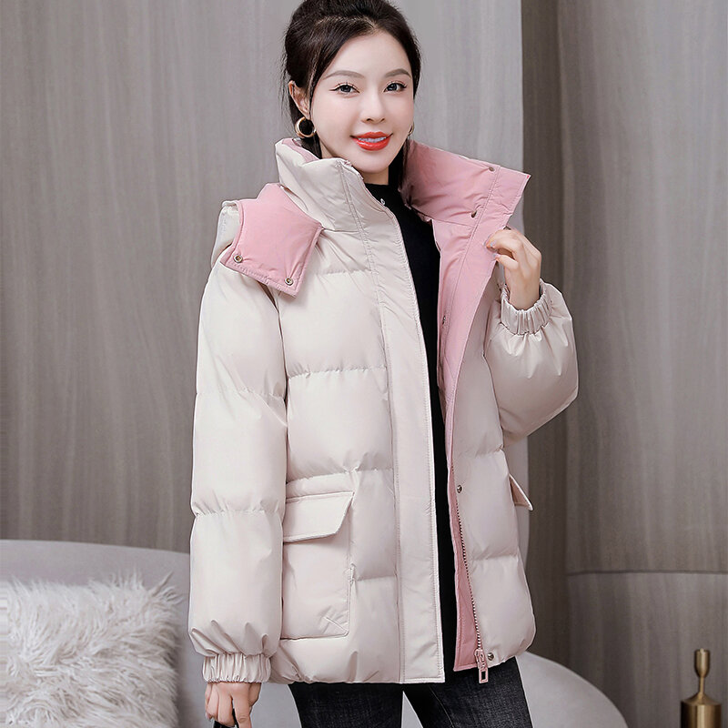 2024 겨울 다운 패딩 재킷, 여성 아우터 패션, 루즈한 후드 따뜻한 파카 재킷, 짧은 두꺼운 빵 옷, 신상